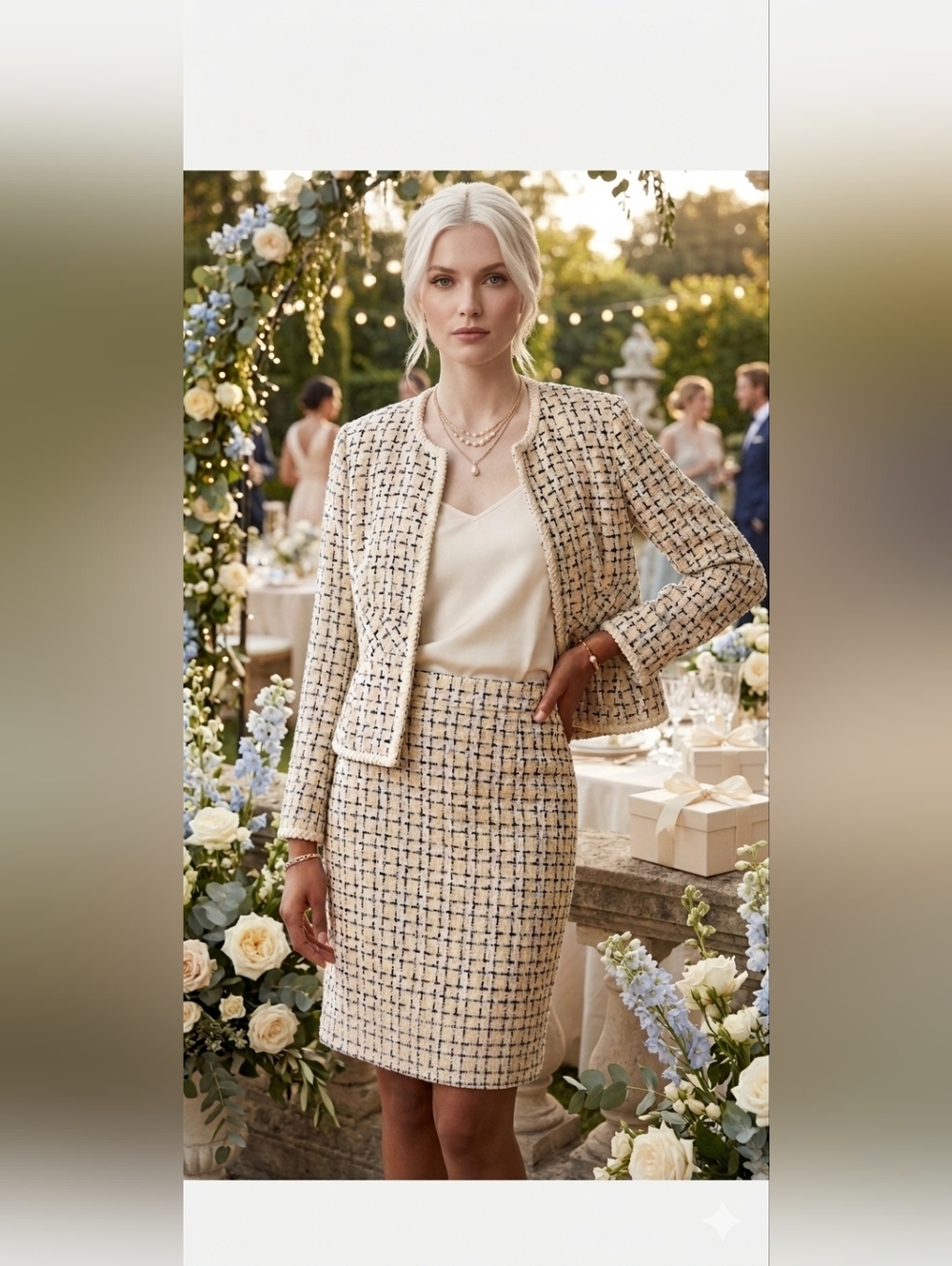 Cream and Black Tweed Two-Piece Jacket & Skirt Set